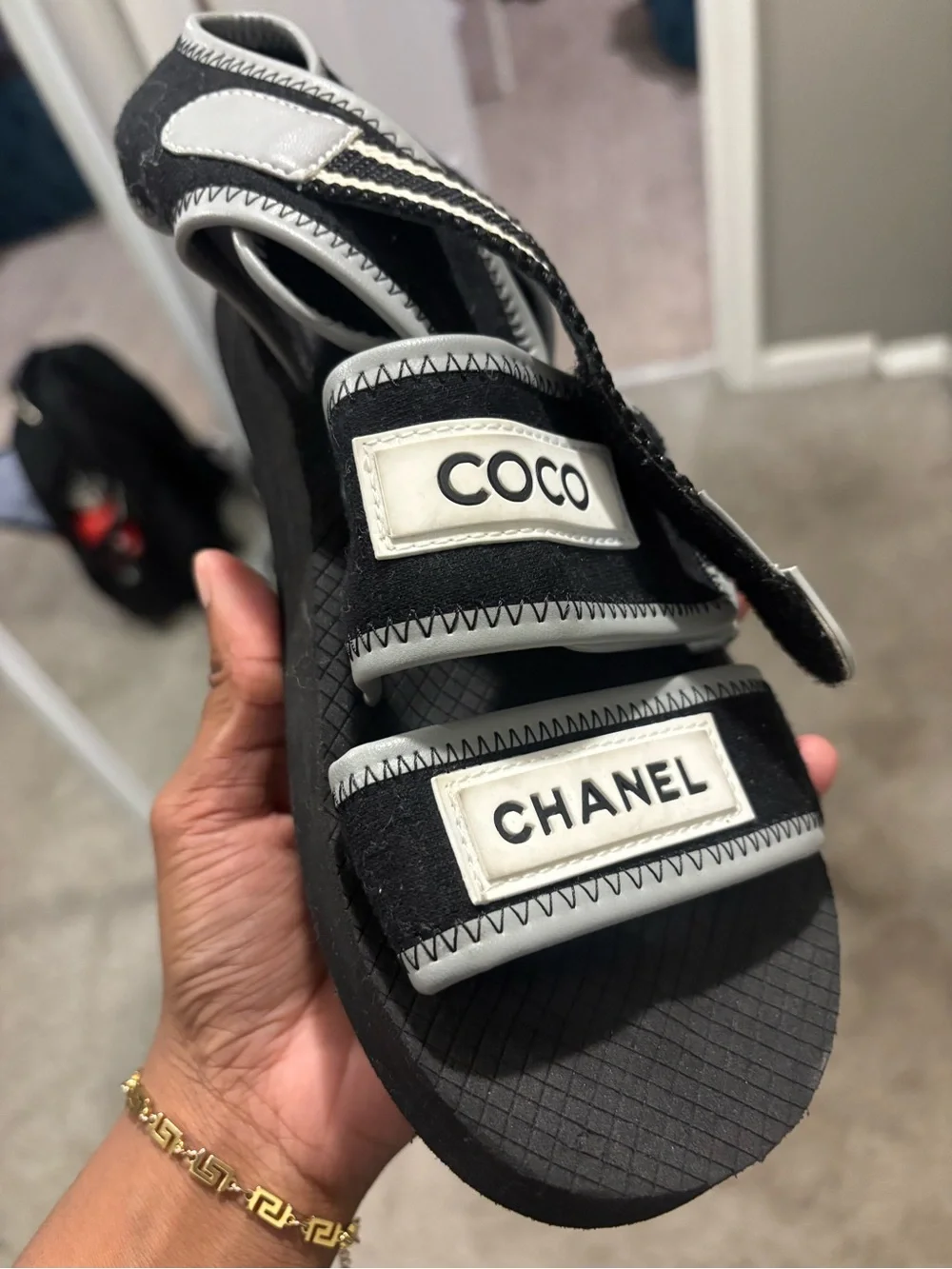 CHANEL Black and White Logo Strap Women’s Sandals